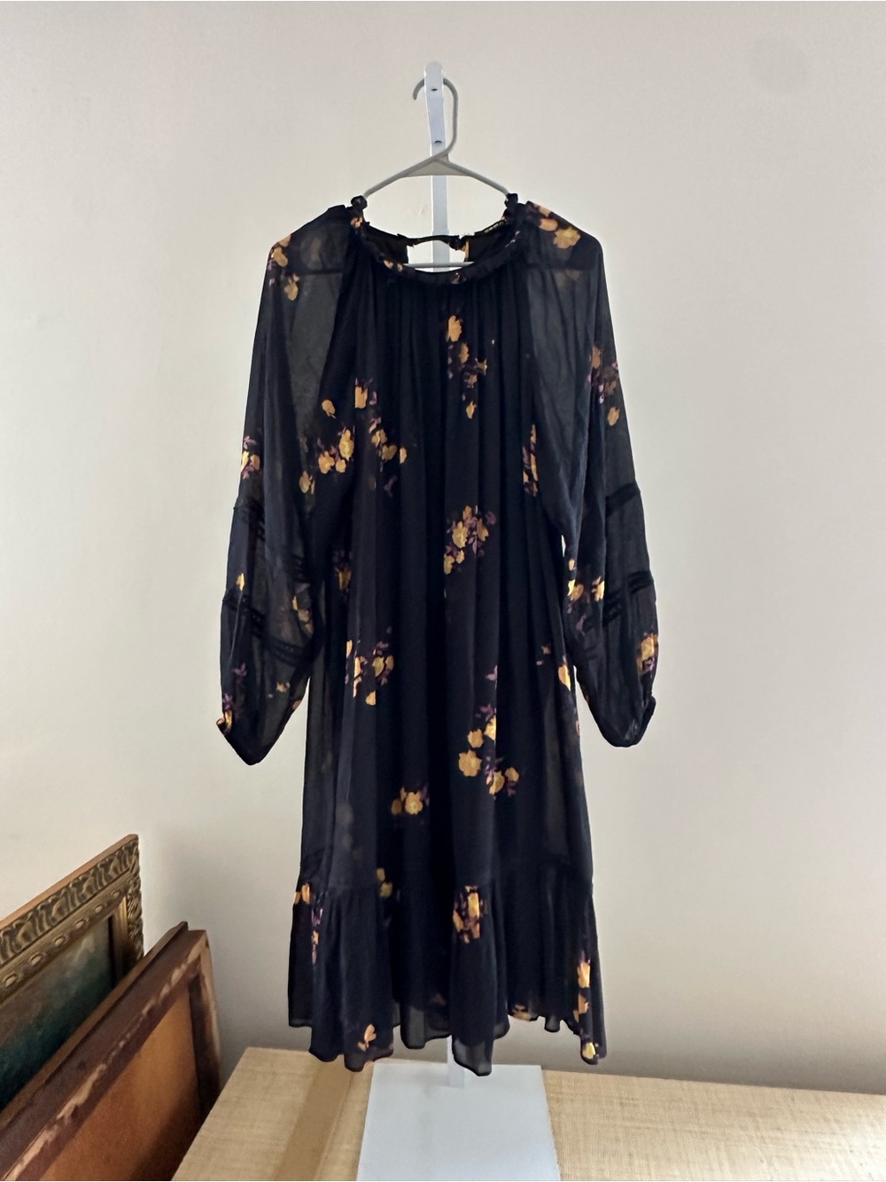 Kobi Halperin Black Floral Long-Sleeve Midi Dress with Yellow & Purple Accents - Picture 1 of 5